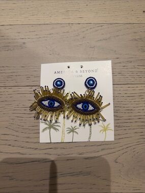 America & Beyond Express Blue and Gold Beaded Evil Eye Earrings